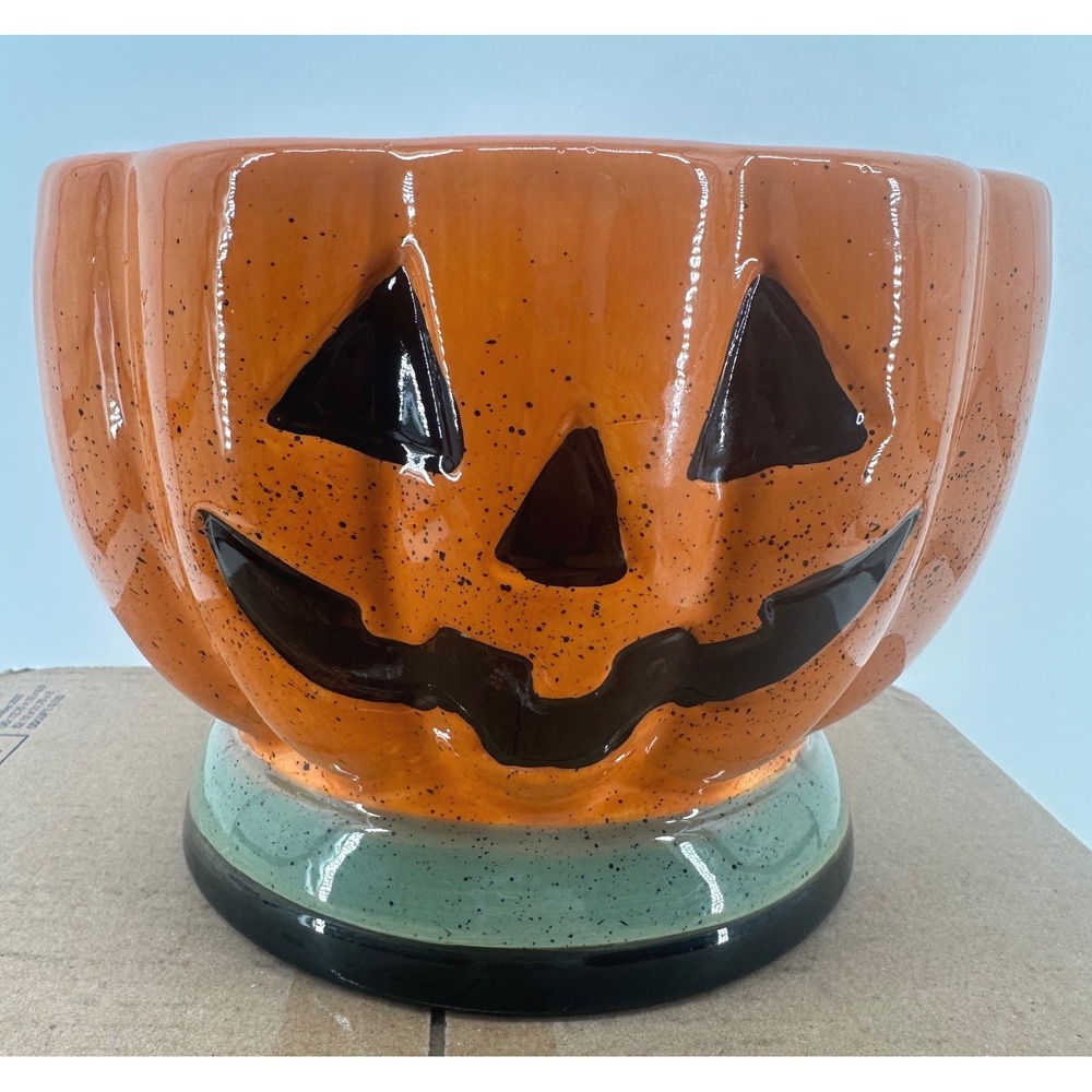 Halloween Ceramic Jack O Lantern Pumpkin Candy Bowl Orange Speckled 6 Inch